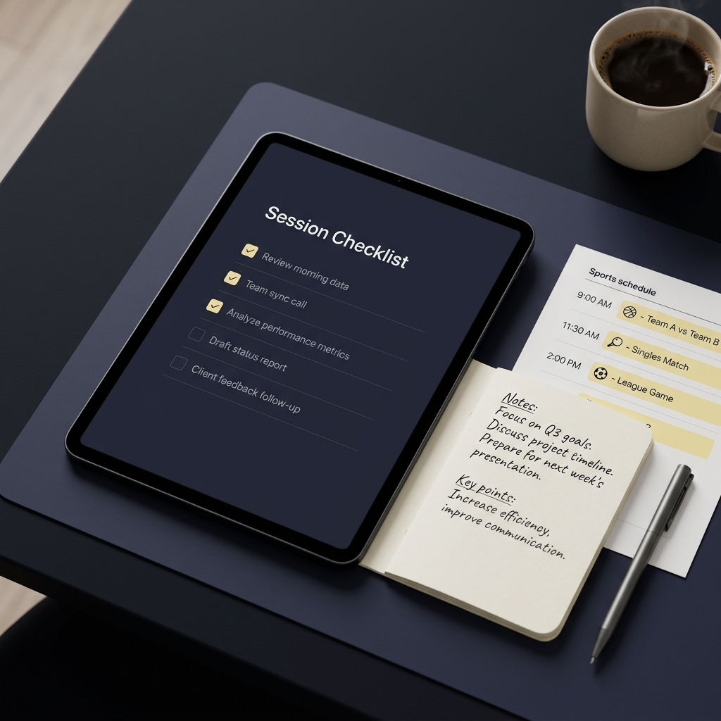 Tablet checklist beside notes and a sports schedule on a dark Funded Plays background illustrating Managing Risk Across Multiple Sports on the Same Day
