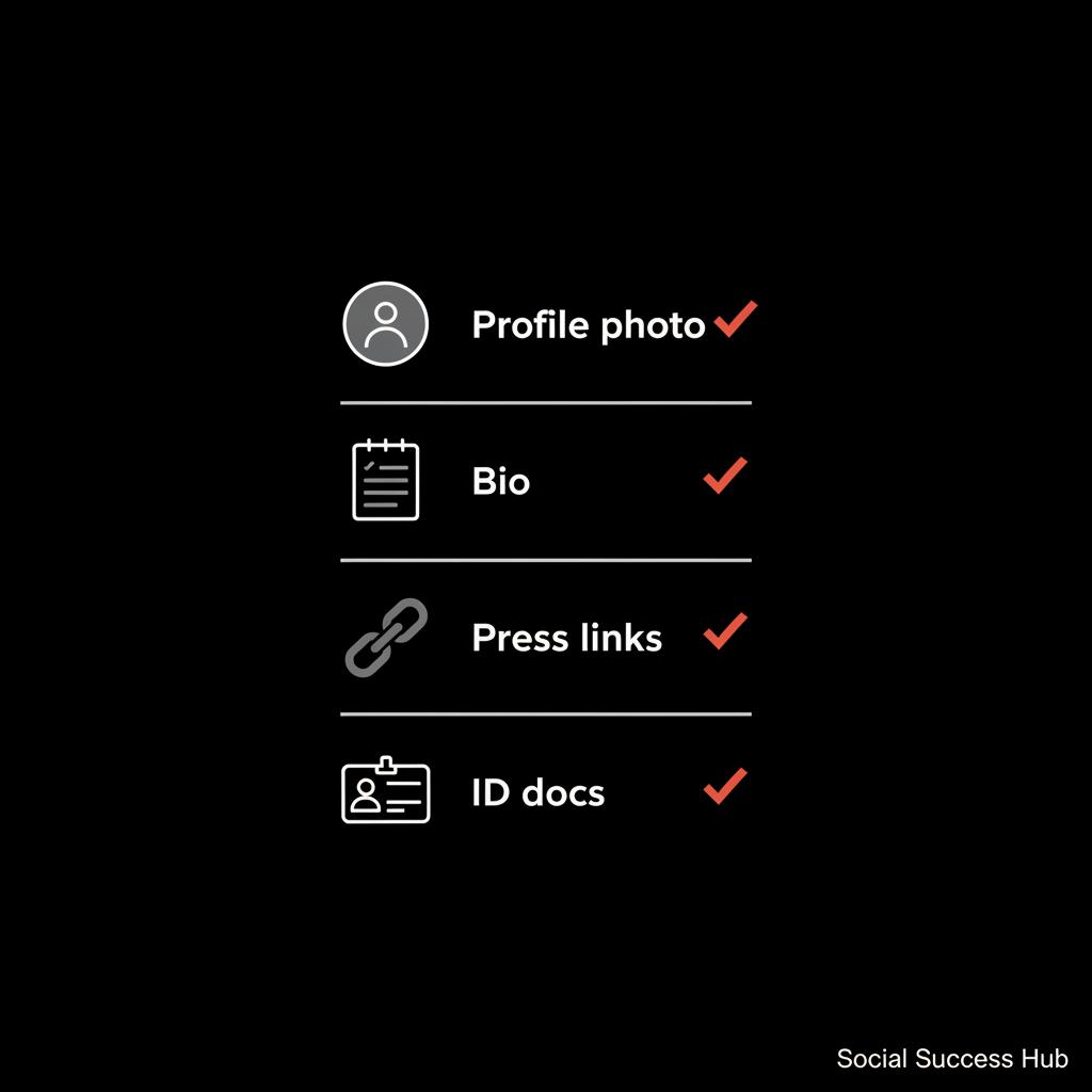 Minimal checklist infographic for Instagram badges eligibility: icons for profile photo, bio, press links and ID docs on black background with accent orange checkmarks.
