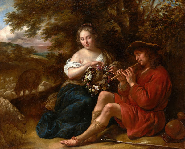 Elegant Shepherdess Listening to a Shepherd Playing the Recorder in an Arcadian