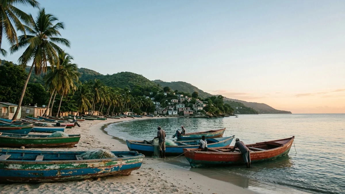 Barques de pêcheurs colorées sur une plage haïtienne au lever du soleil