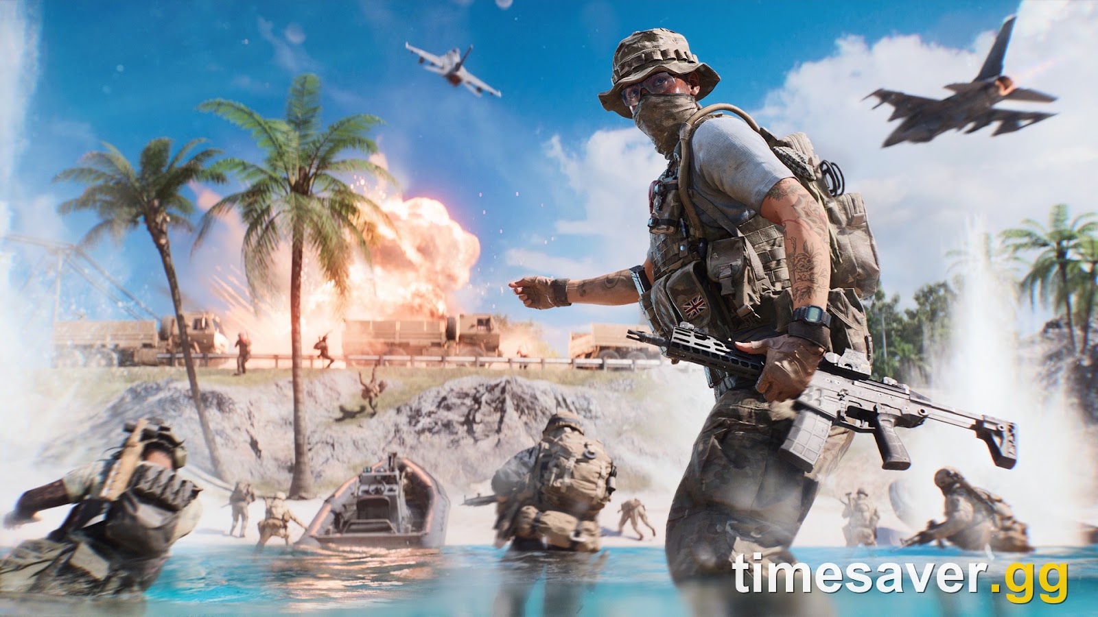 Battlefield 6 Tsuru Reef screenshot showing patrol boats and landing craft moving between islands during a beach assault