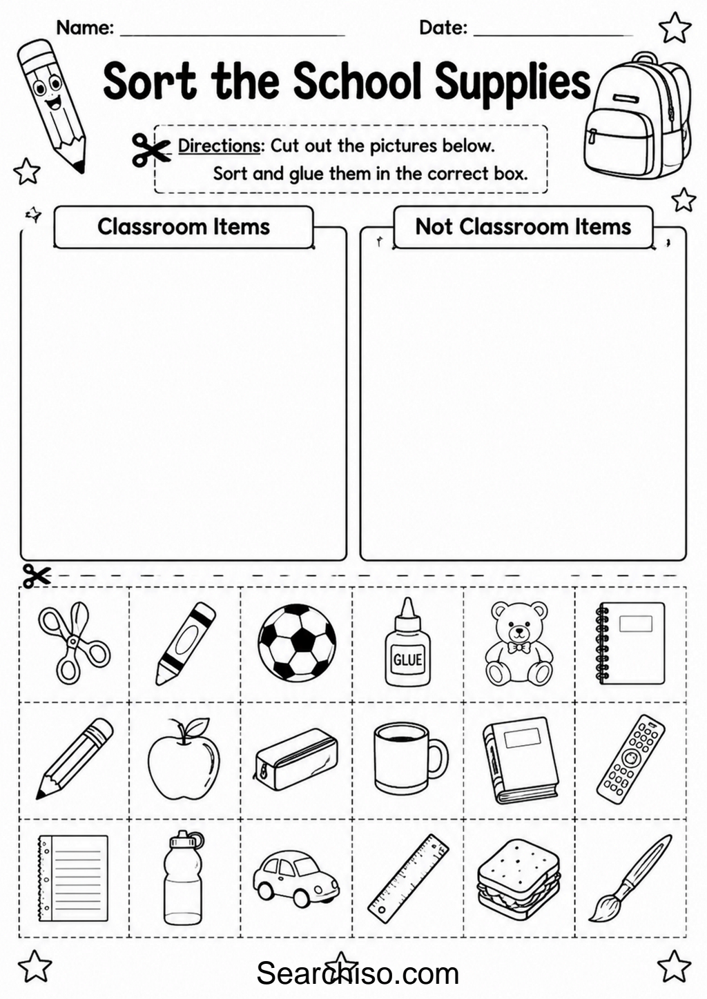 Sort the School Supplies Worksheet