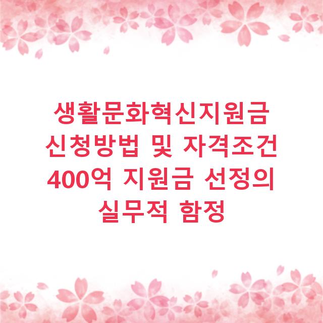 생활문화혁신지원금 신청방법 및 자격조건 400억 지원금 선정의 실무적 함정