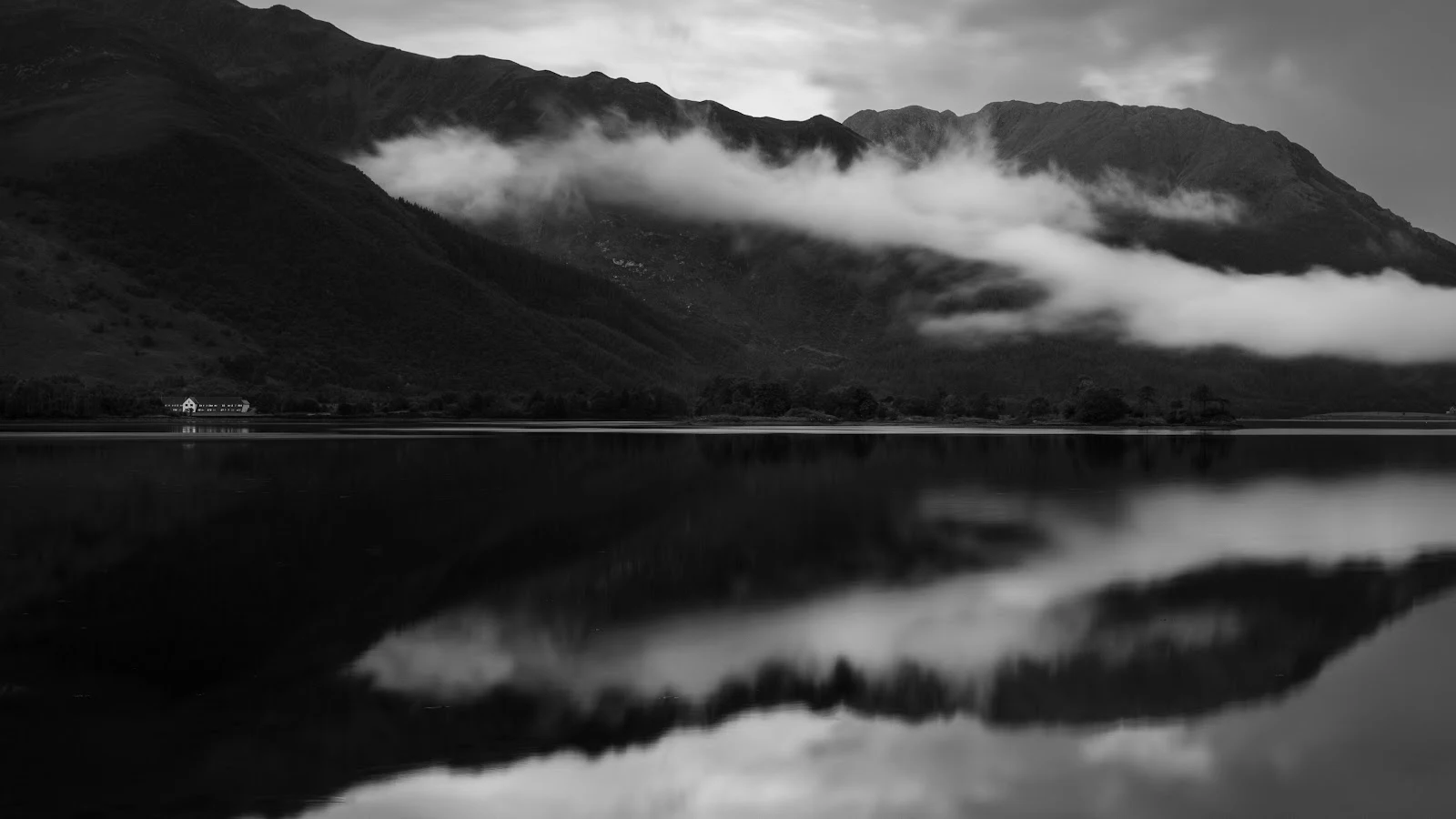 Dark Mountain Reflection Over Water - Monochrome Landscape Photography 5K Wallpaper (5120x2880)