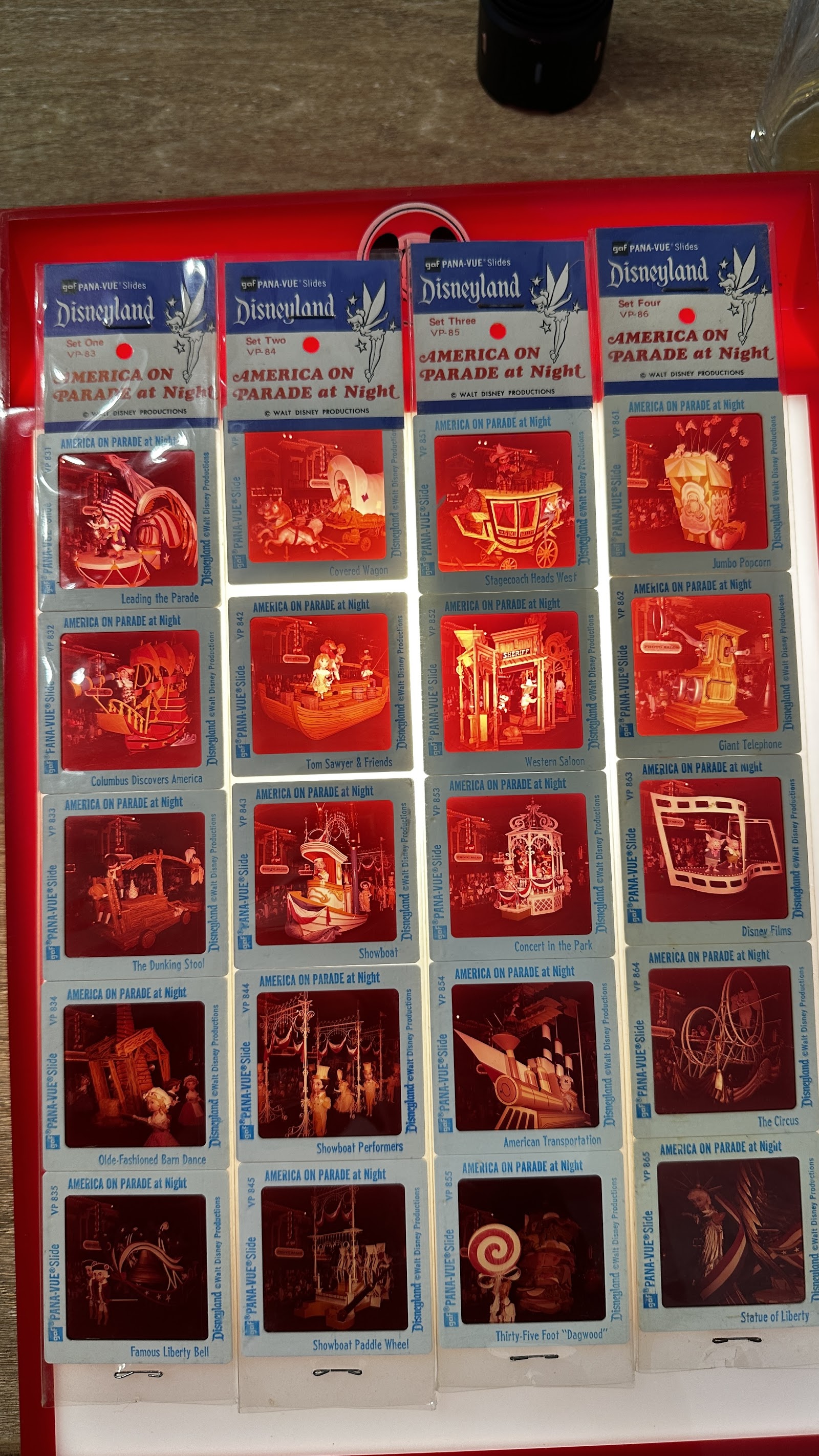 GAF Pana-Vue 35mm slide set VP-83, five slides from America on Parade at Disneyland nighttime parade, 1975-1976