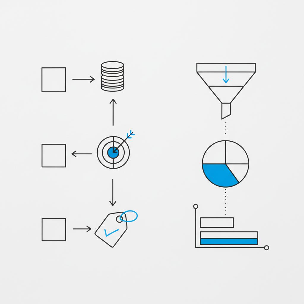 Notebook-style planner sketch showing diagrams linking LTV to target CPA and acceptable cost per lead with minimalist line art and blue accents