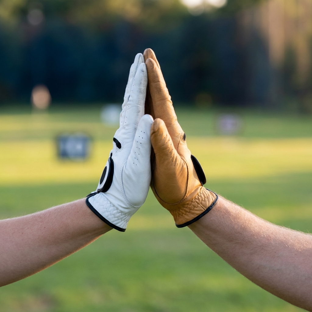 Close crop of hands exchanging a high five on a golf practice range candid minimal composition with gloves and blurred range elements pga championship favorites