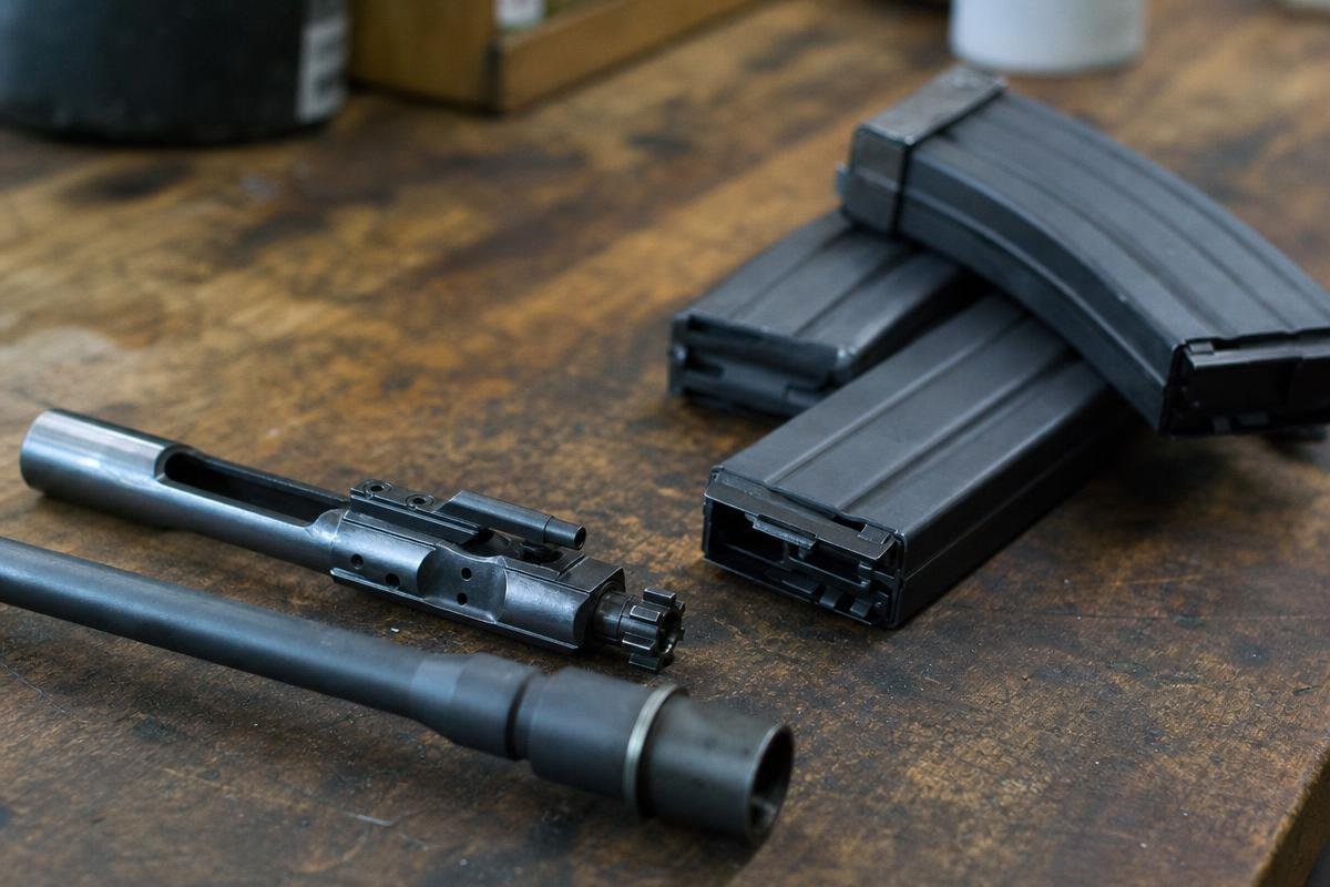 7.62x39 AR build parts including bolt barrel and magazines