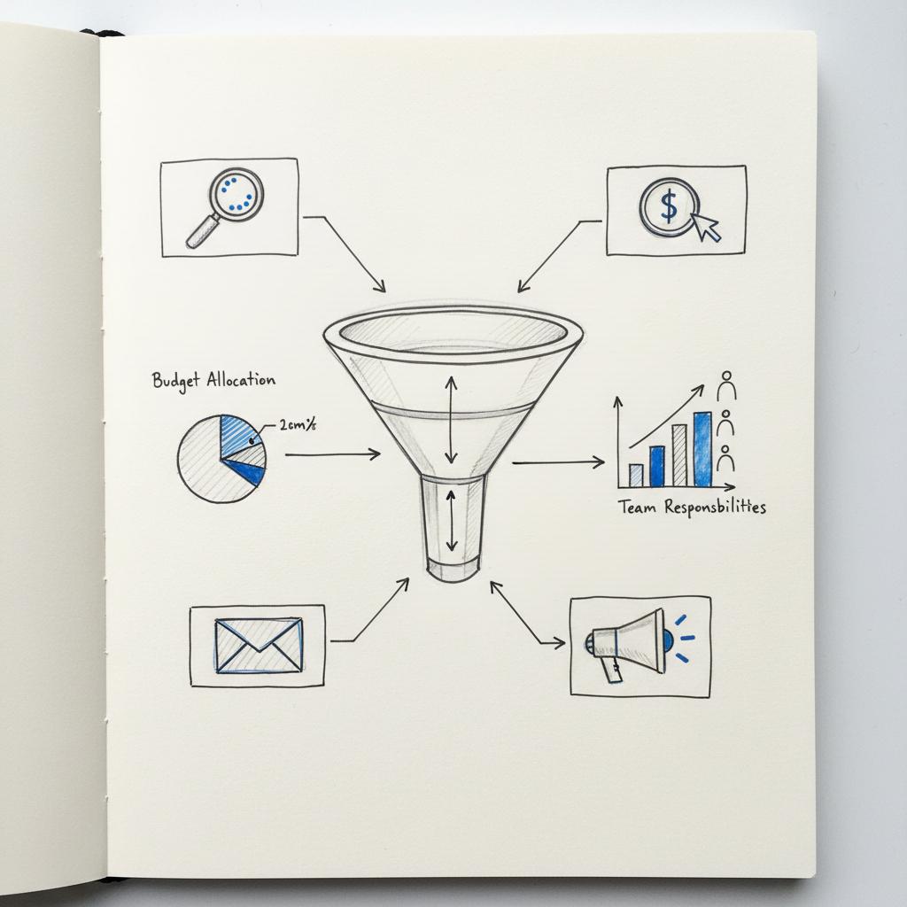Close-up notebook funnel sketch with PPC, SEO, Email and Influencer icons in Agency Visible colors &mdash; which digital marketing channel pays the most