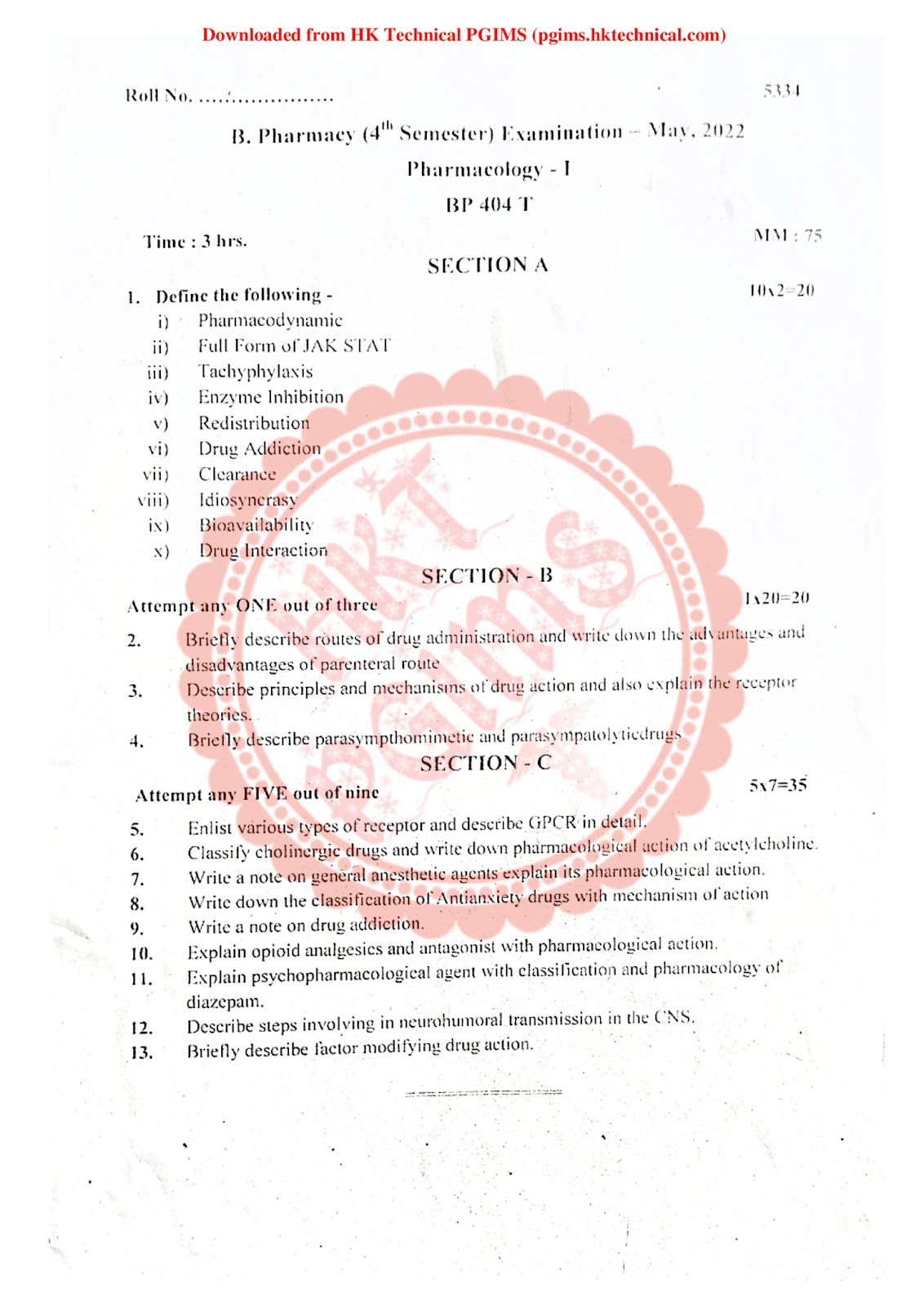 BMU Pharmacology 4th Semester B.Pharmacy Previous Year's Question Paper,BP404T Pharmacology I,BPharmacy,Previous Year's Question Papers,BPharm 4th Semester,Baba Mastnath University (BMU),