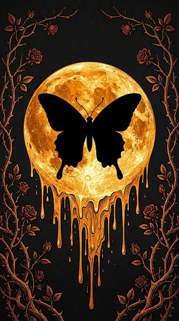 Engraved Butterfly Silhouette on Dripping Orange Eclipse Moon - Free mobile Wallpaper