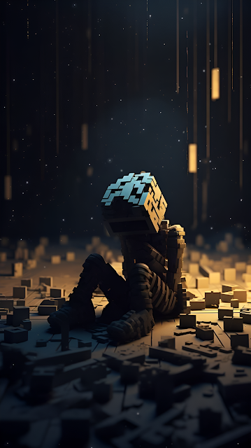 Voxel Figure Slumped in Darkness Digital Breakdown Art - Free mobile Wallpaper