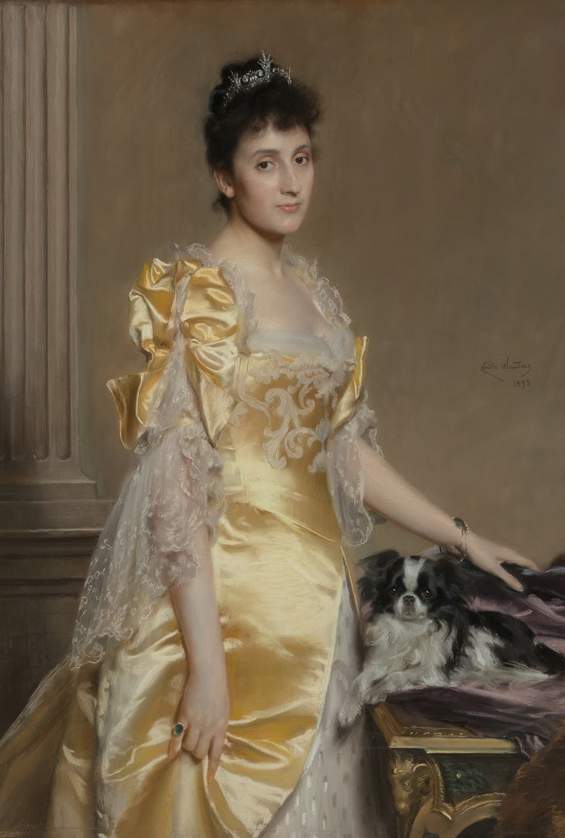 Portrait of an elegant woman with a Papillon spaniel 1895