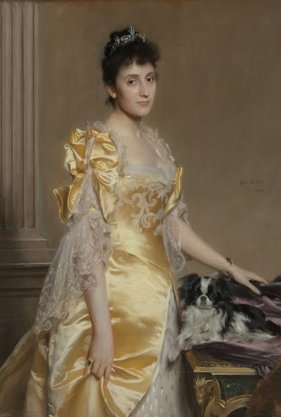Portrait of an elegant woman with a Papillon spaniel 1895