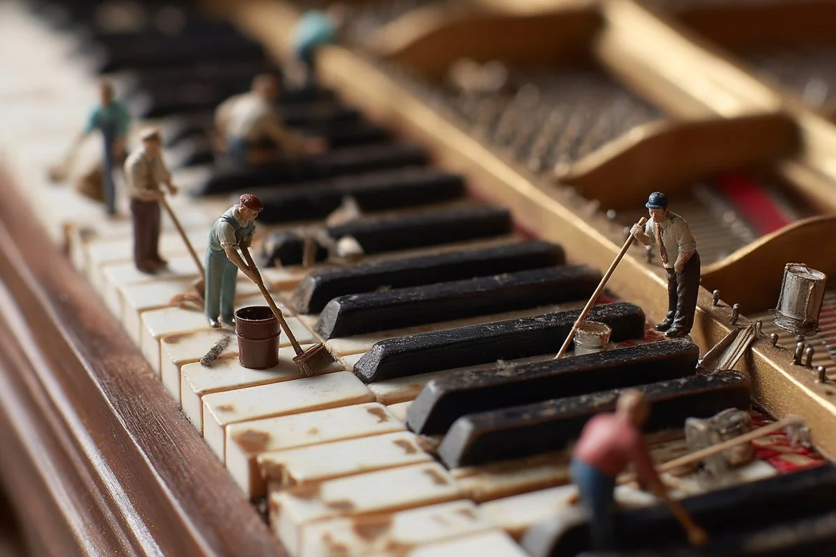 Escena de limpieza de teclado de piano con efecto tilt-shift