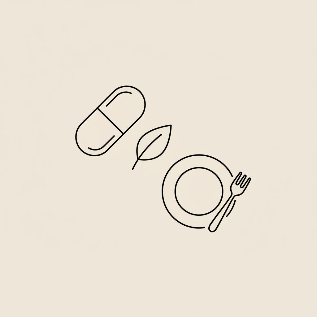 Minimal Tonum-style vector line illustration of a probiotic capsule, small leaf, and stylized plate with fork on beige background — visual for probiotics for sugar cravings.