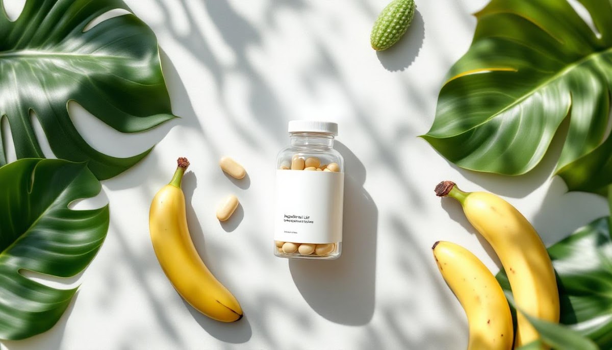 40대 다이어트 영양제 깨끗한 테이블 위에 리부트라이프 슬릿(Slit) 보조제가 투명 용기에 담겨 있고, 곁에는 선인장 열매, 바나나잎, 돌외잎 등 주요 원료와 제품 성분표, 임상 인증 마크가 나란히 놓여 있는 모습