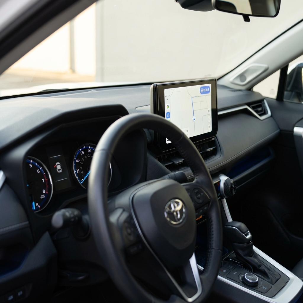 Close up of a Toyota RAV4 instrument cluster and infotainment screen during a daytime test drive in a clean modern interior with subtle blue accents rav 4 for sale