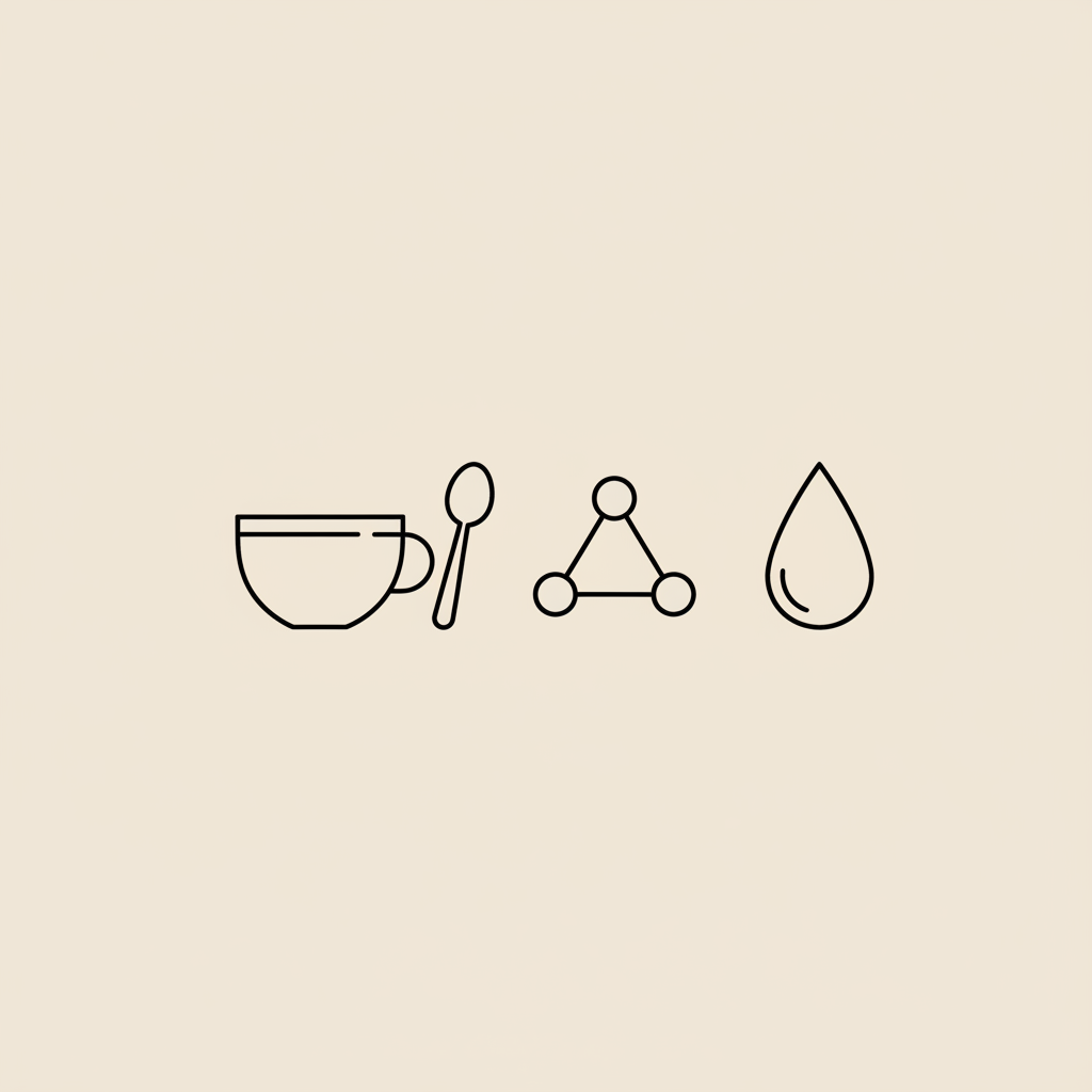 Minimalist line illustration of a cup, spoon, protein molecule outline and water droplet on beige background — when to start protein shakes after gastric sleeve