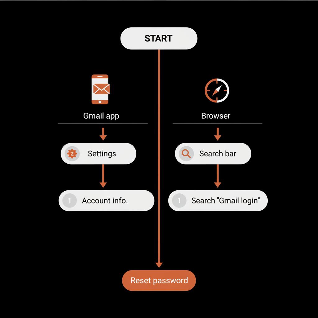 Minimal infographic showing two paths to reset gmail password on iphone with a generic app icon for 'Gmail app' and a generic compass icon for 'Browser' on black background.