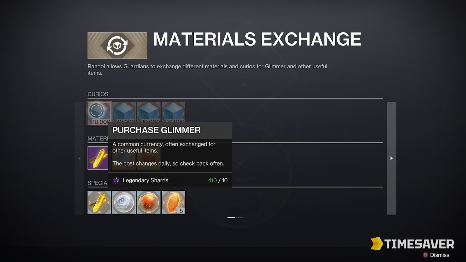 Destiny 2 Master Rahool Materials Exchange screen showing 10,000 Glimmer exchanges and the Purchase Glimmer option