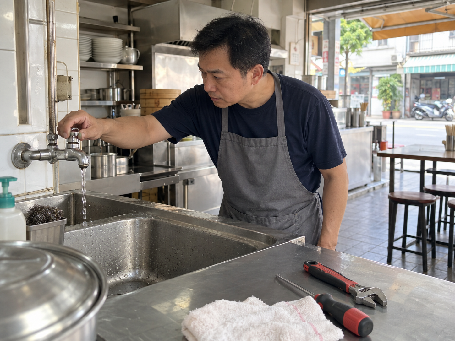 老闆開店前檢查水龍頭