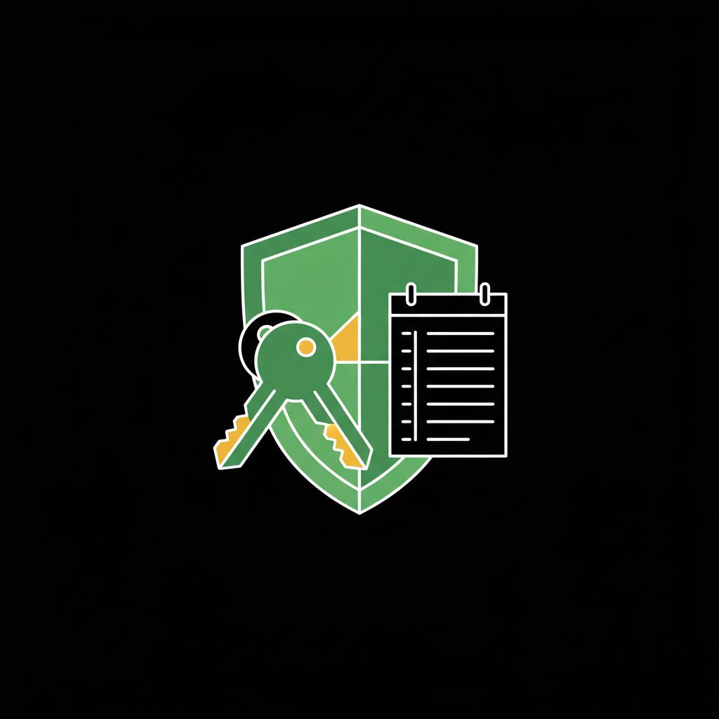 Minimal 2D vector illustration of keys shield and ledger lines representing a crypto retirement account custody and protection in Finance Police color palette