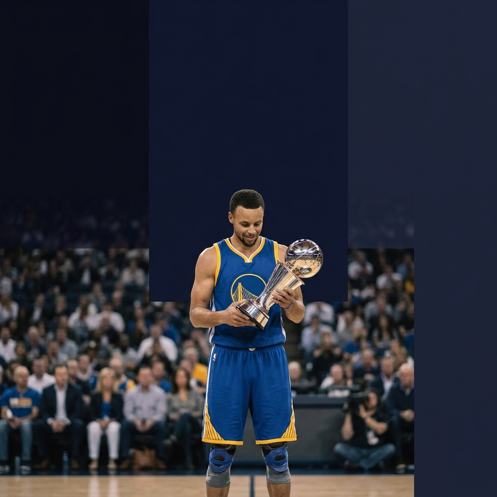 Minimalist full frame photo realistic scene of a generic point guard in blue and yellow uniform receiving an award on a dark navy court backdrop warriors nuggets prediction