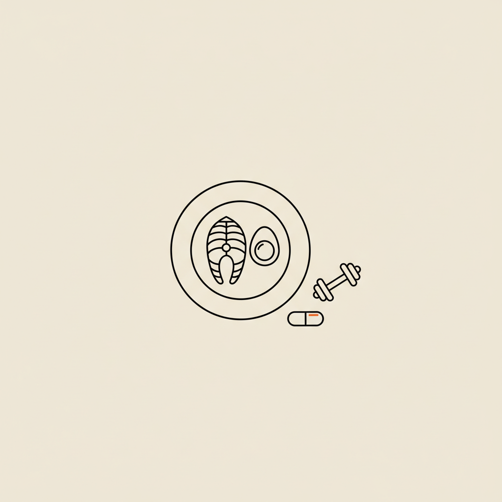 Minimalist vector line illustration of a plate with a fish fillet, an egg, a small capsule and a dumbbell on a beige background, representing how to boost metabolism naturally.