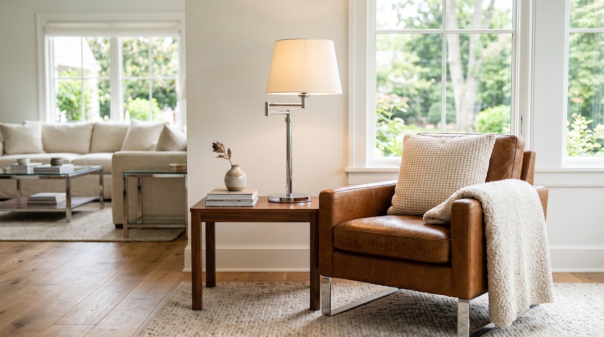 How to Make Chrome and Leather Feel Warm in a Living Room - sculptural chrome lamp with warm wood bookshelf and chair