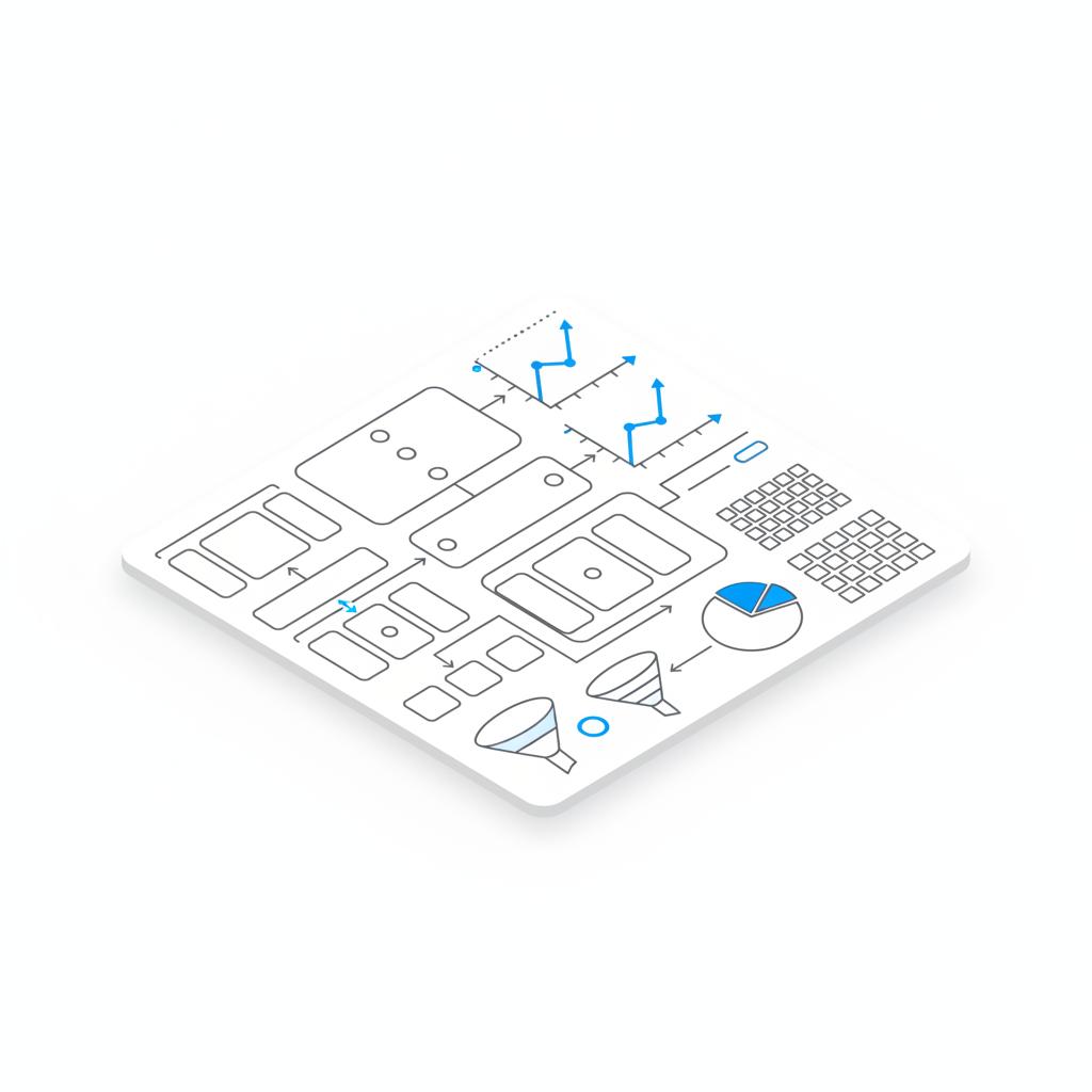 Isometric flat‑lay vector of landing page wireframe sketches, user‑flow arrows and an upward conversion graph for DIY Google Ads, white background, brand accents.