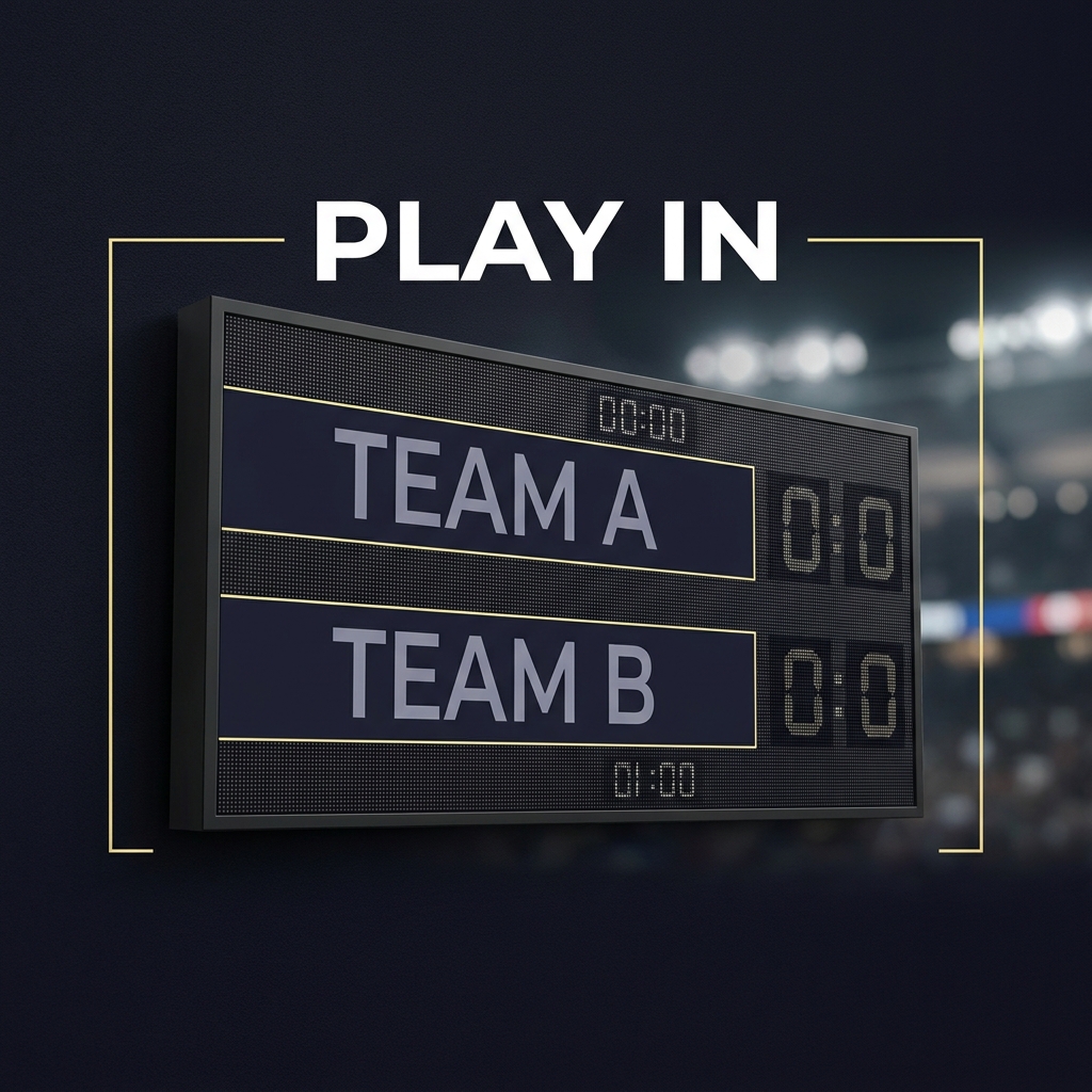 Close up scoreboard photo showing Play In label and team names with bracket overlay for grizzlies warriors prediction in a minimalist Funded Plays color palette