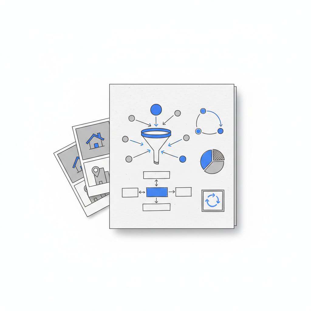 Overhead 2D vector notepad with a sketched marketing funnel and a small stack of property photos on a minimalist white desk in Agency Visible colors. Google Ads for real estate