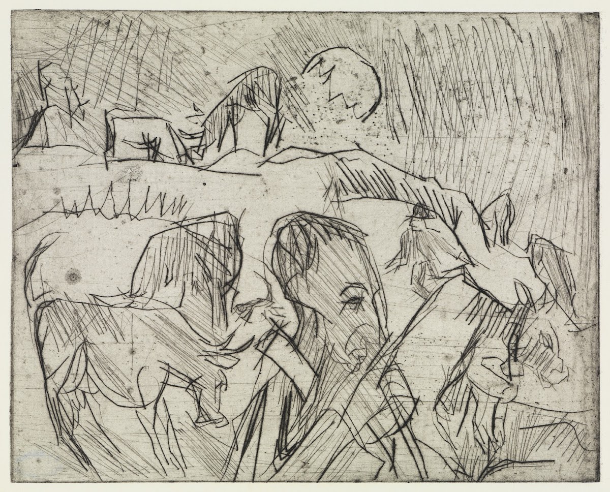 Hirt mit Kühen am Berg 1918