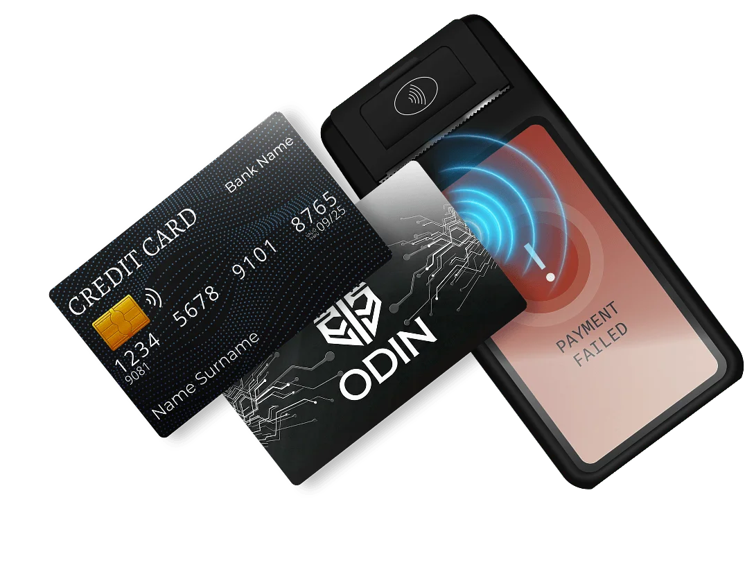 ODIN RFID card blocker shown with payment cards and a phone