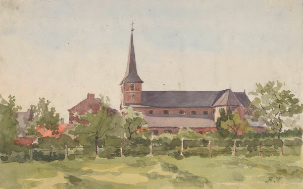 Eglise de village vue sur son flanc droit derrière une haie clôturée pré à lavan
