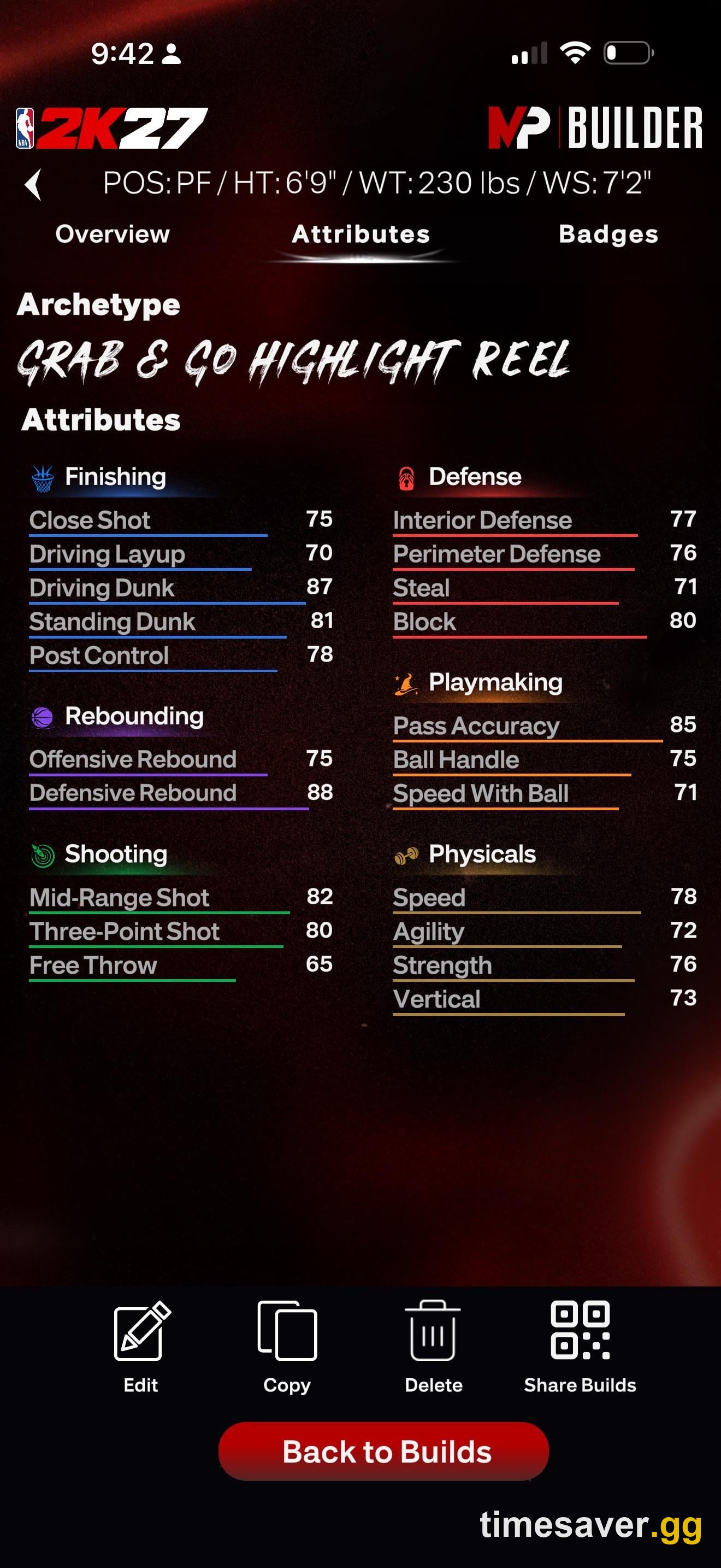 NBA 2K27 MyPLAYER build overview showing a custom player's attribute ratings