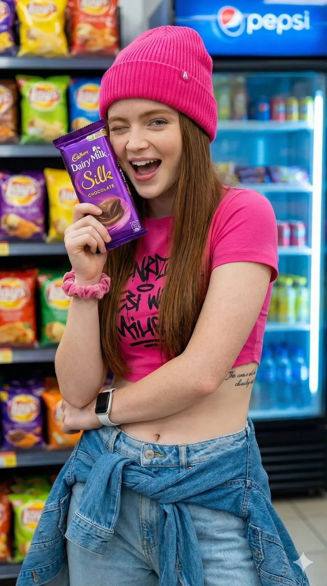 Foto publicitaria de una joven en una barra de chocolate.