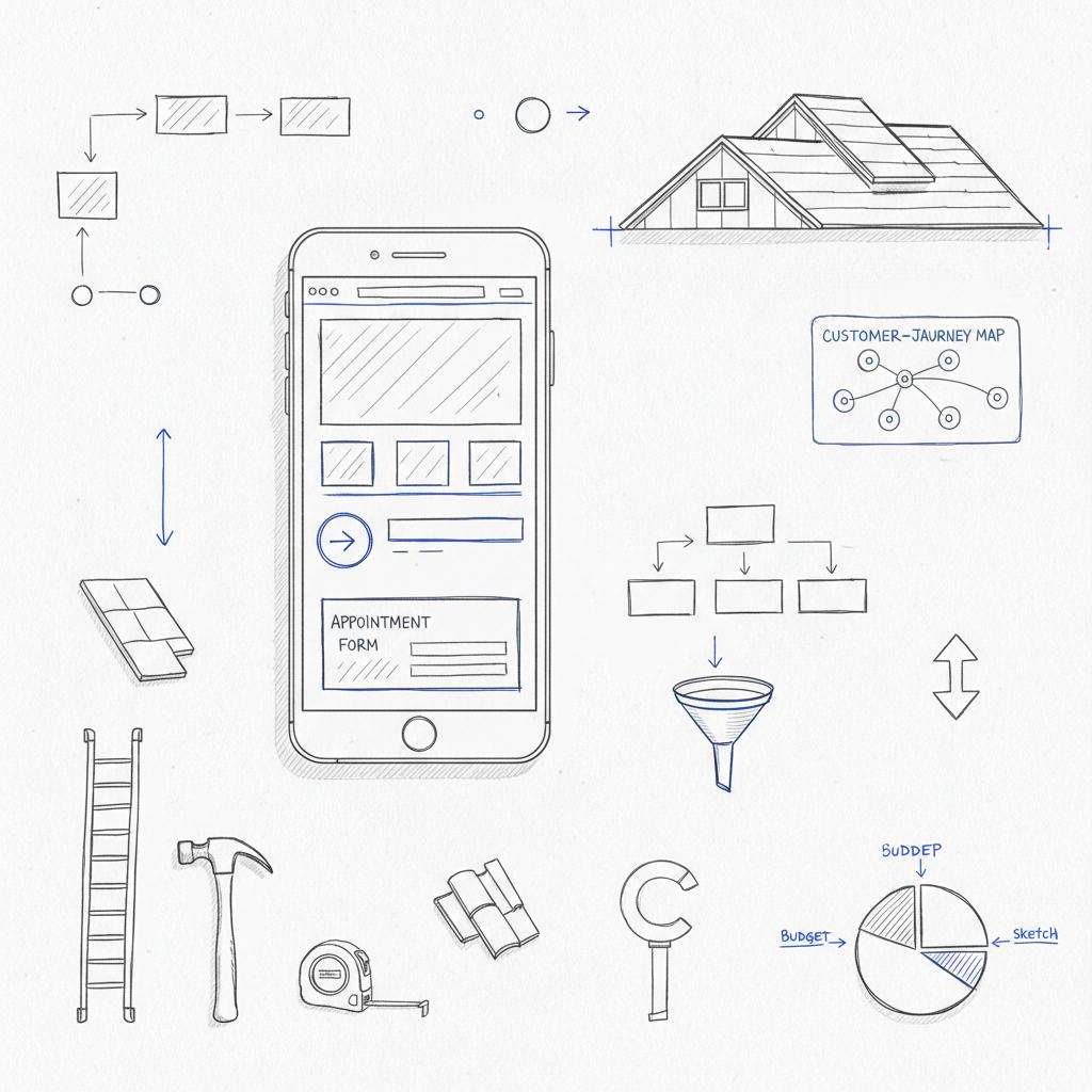 Sketch-style notebook page with roofing tools and a mobile phone wireframe illustrating how to create a website for a roofing business, minimalist layout in brand colors