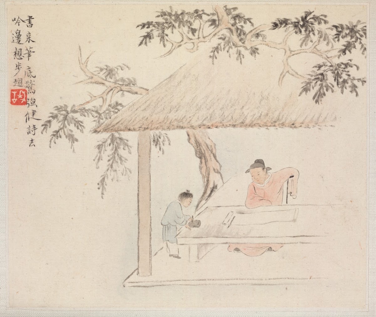 A Man Sits at a Table before an Open Scroll a Boy Mixes Ink 1700s