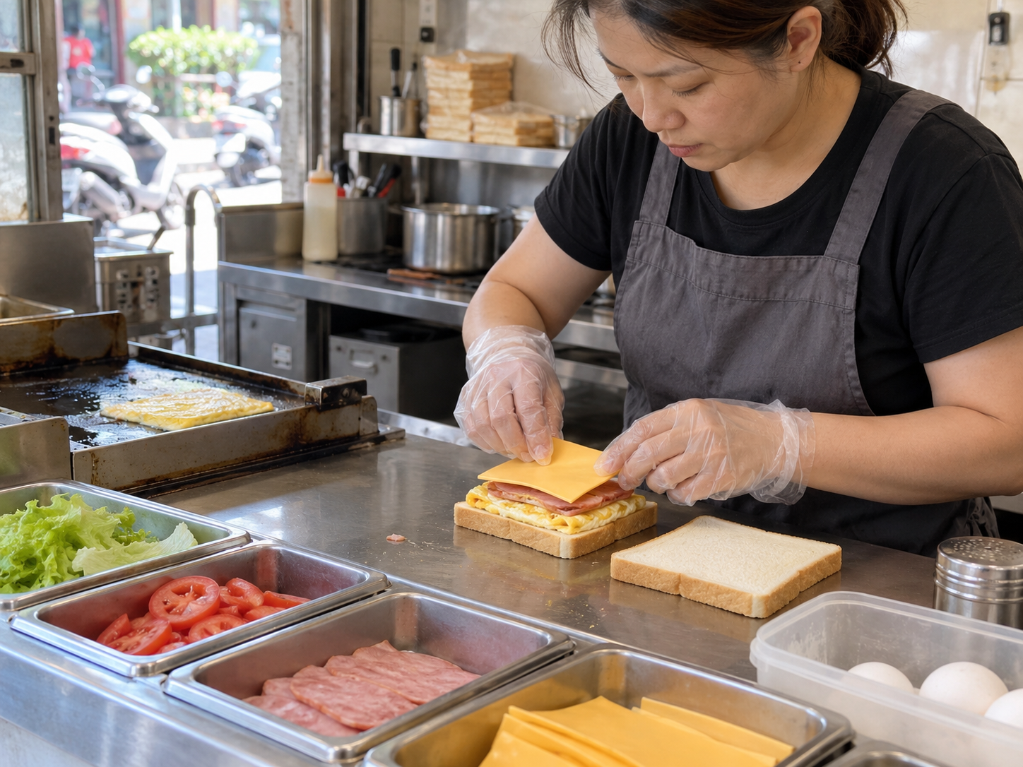 戴食品作業手套的早餐店員工重新製作火腿蛋起司吐司