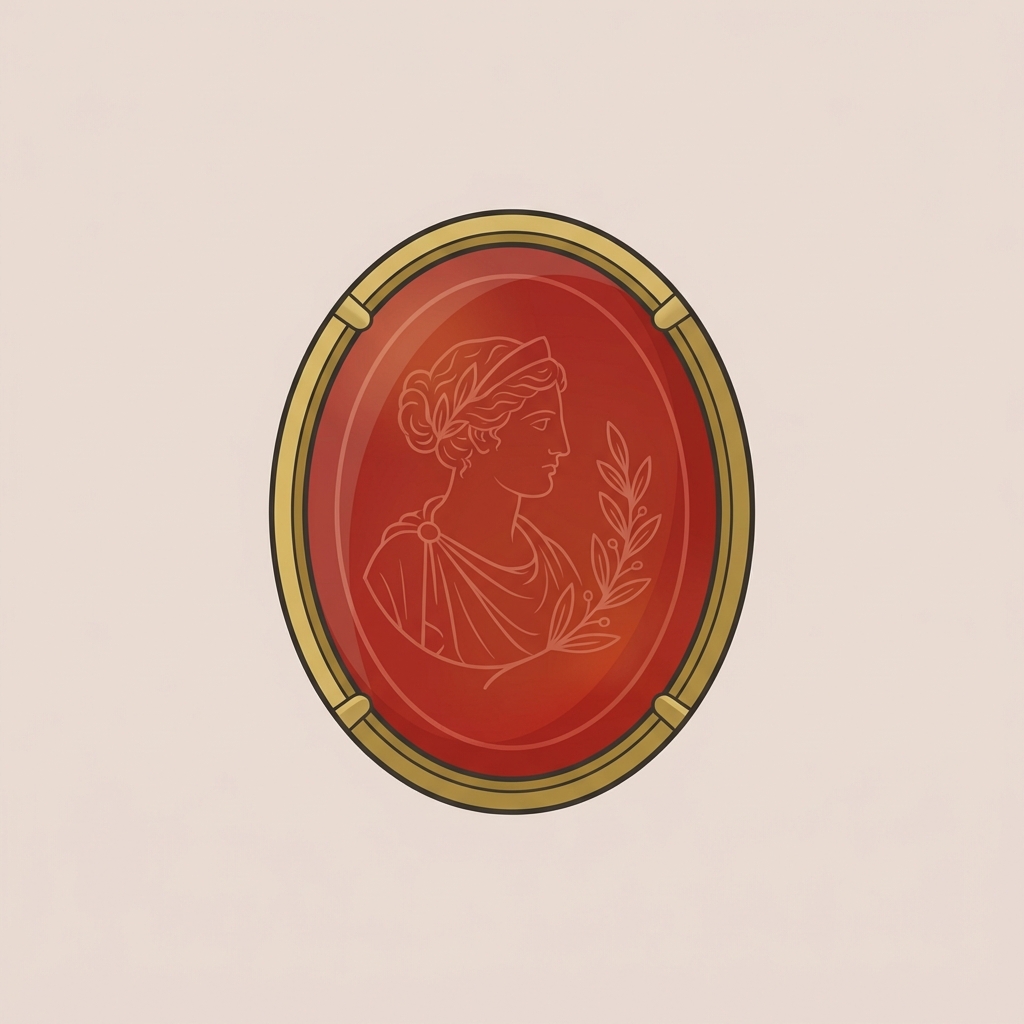 2D vector macro of a carnelian intaglio in a gold bezel mount showing carved detail and crisp bezel edges on a soft ede7da background in Aurora Antiqua palette old greek wedding rings