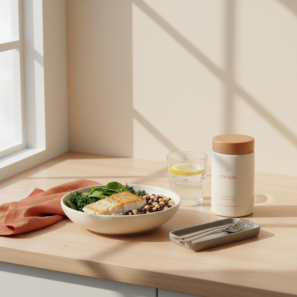 Motus bottle beside a healthy bowl of fish, greens and beans on a minimalist kitchen counter, illustrating tips for how to lose hormonal belly.