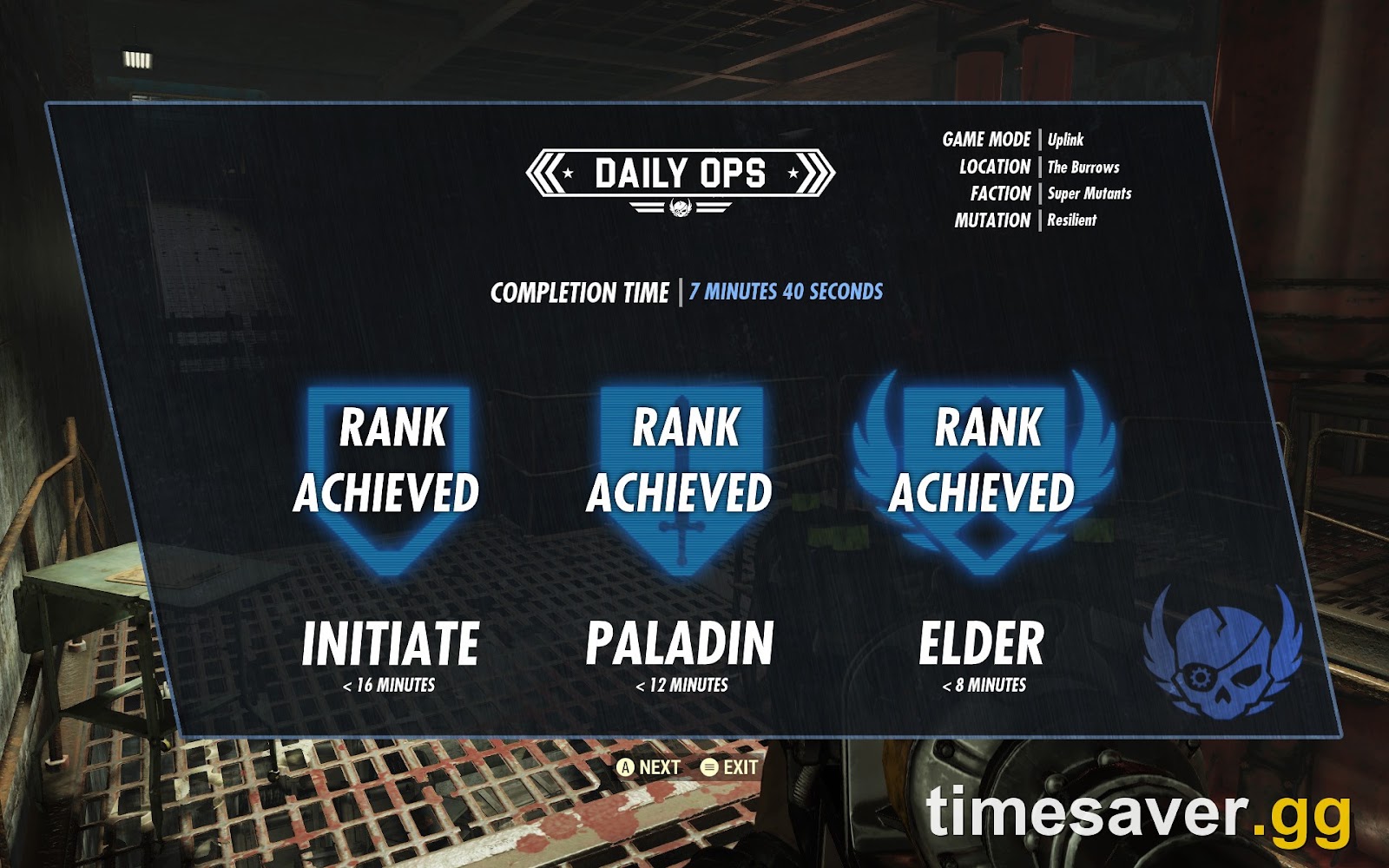 Fallout 76 Daily Ops Operation Report screen showing Elder tier completion, Legendary Modules, and reward breakdown