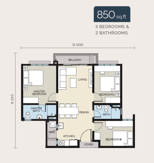Wyn Type B floor plan — 850 sq ft, 3 bedrooms
