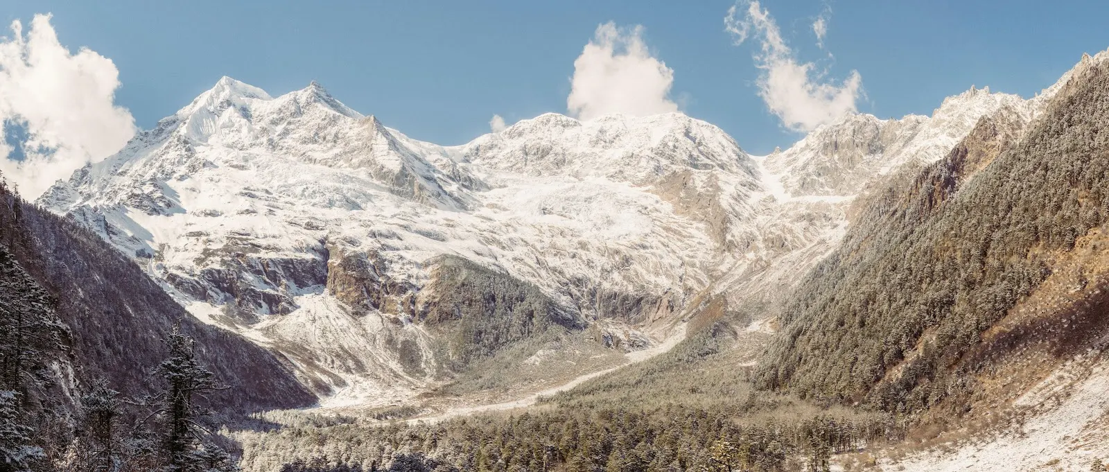 Massive Snow Covered Peaks Valley - Nature Photography 5K Wallpaper (9818x4178)