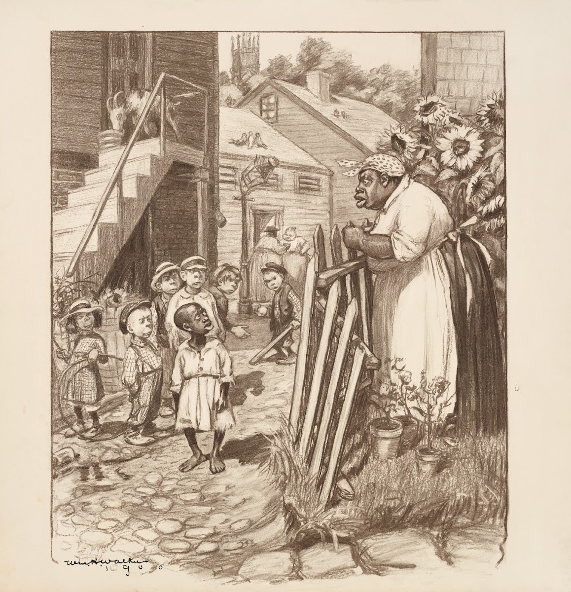 An African American woman talks angrily to an African American boy who is in the