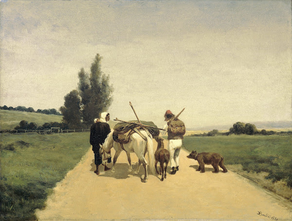 Rondtrekkende familie op een landweg 1881
