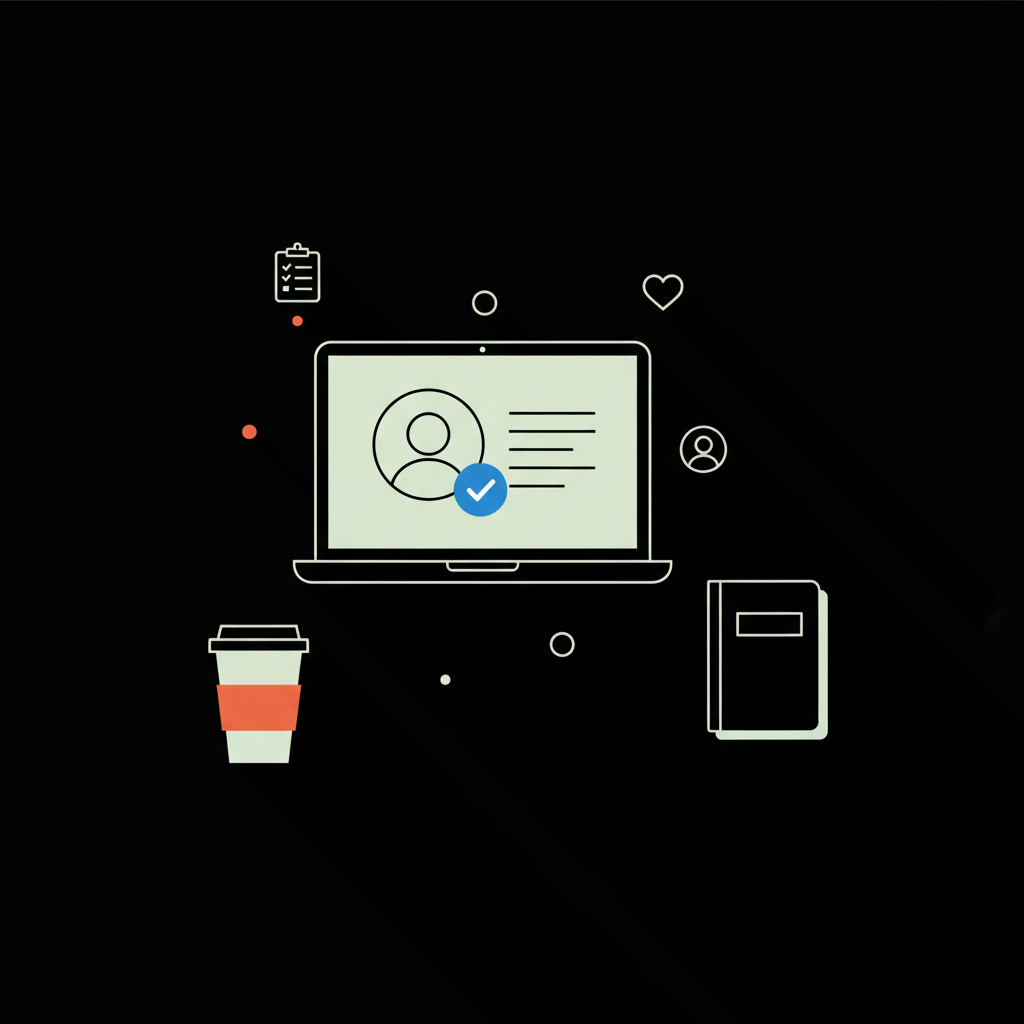 Minimal vector workspace with laptop showing a blue tick verification on a profile, notebook and coffee cup on black background in Social Success Hub brand colors.
