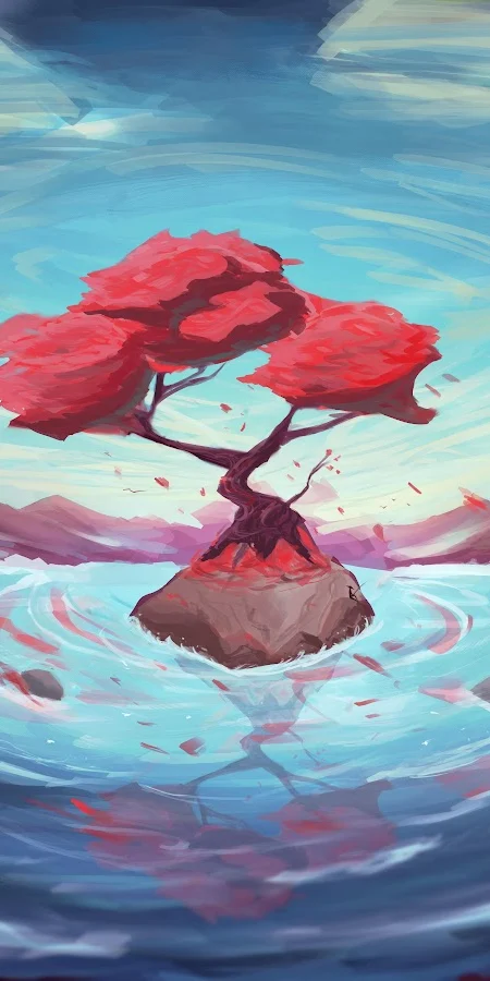Fantasy Landscape, Lake Painting, Red Tree, Serene Artwork 8K Phone Wallpaper